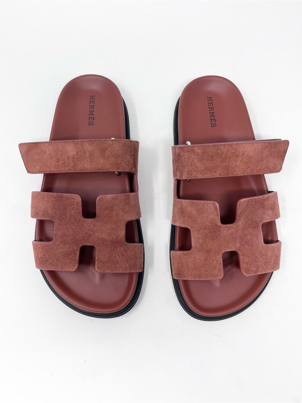 Hermes Chypre Techno Sandals Brown Red Suede size 37 EU 7 US Flat Slip On